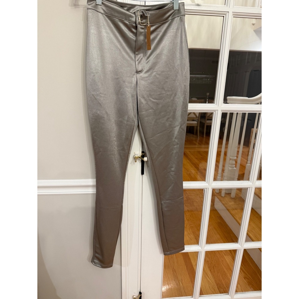 Skims Silver High Waisted Skinny Pants Ribbed Shiny Leggings Womens Small